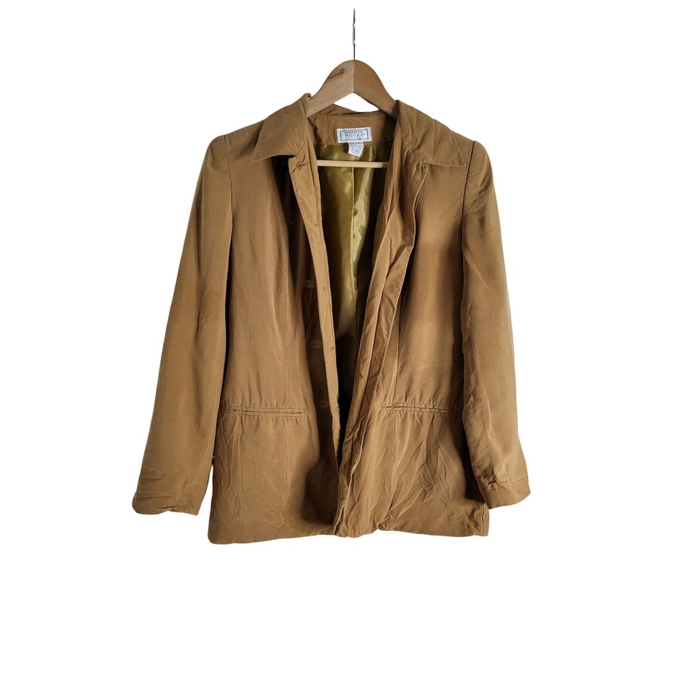 Jennifer Moore 100% Silk Blazer Tan Camel Button Front Jacket Sz 10P Old Money